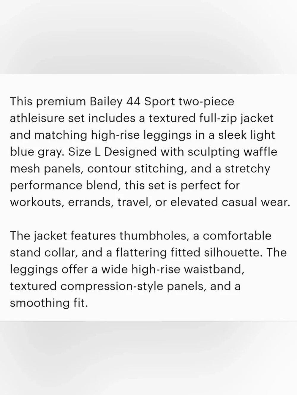 Bailey 44 Sport Two Piece Matching Textured Set High Rise Leggings Zip Jacket L